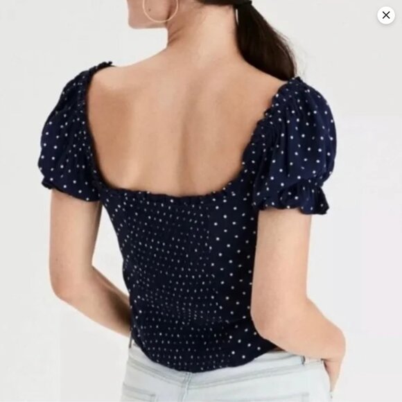NWT American Eagle Lace-Up Crop Top, Navy Blue with White Polka Dots - Size L - Picture 2 of 16